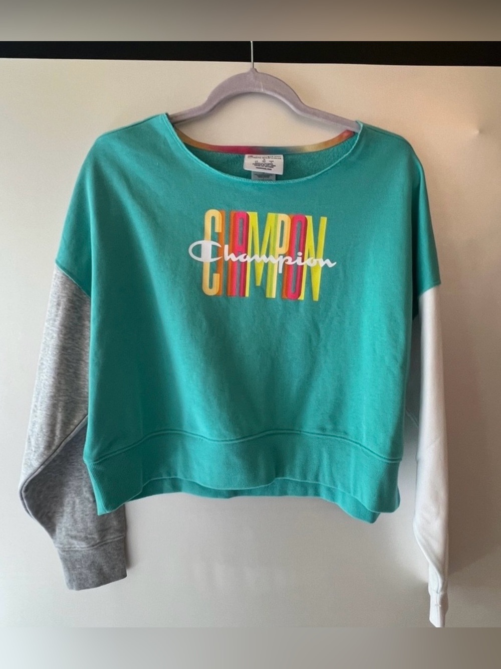 Champion Teal Colorblock Crewneck Sweatshirt with Multicolor Logo